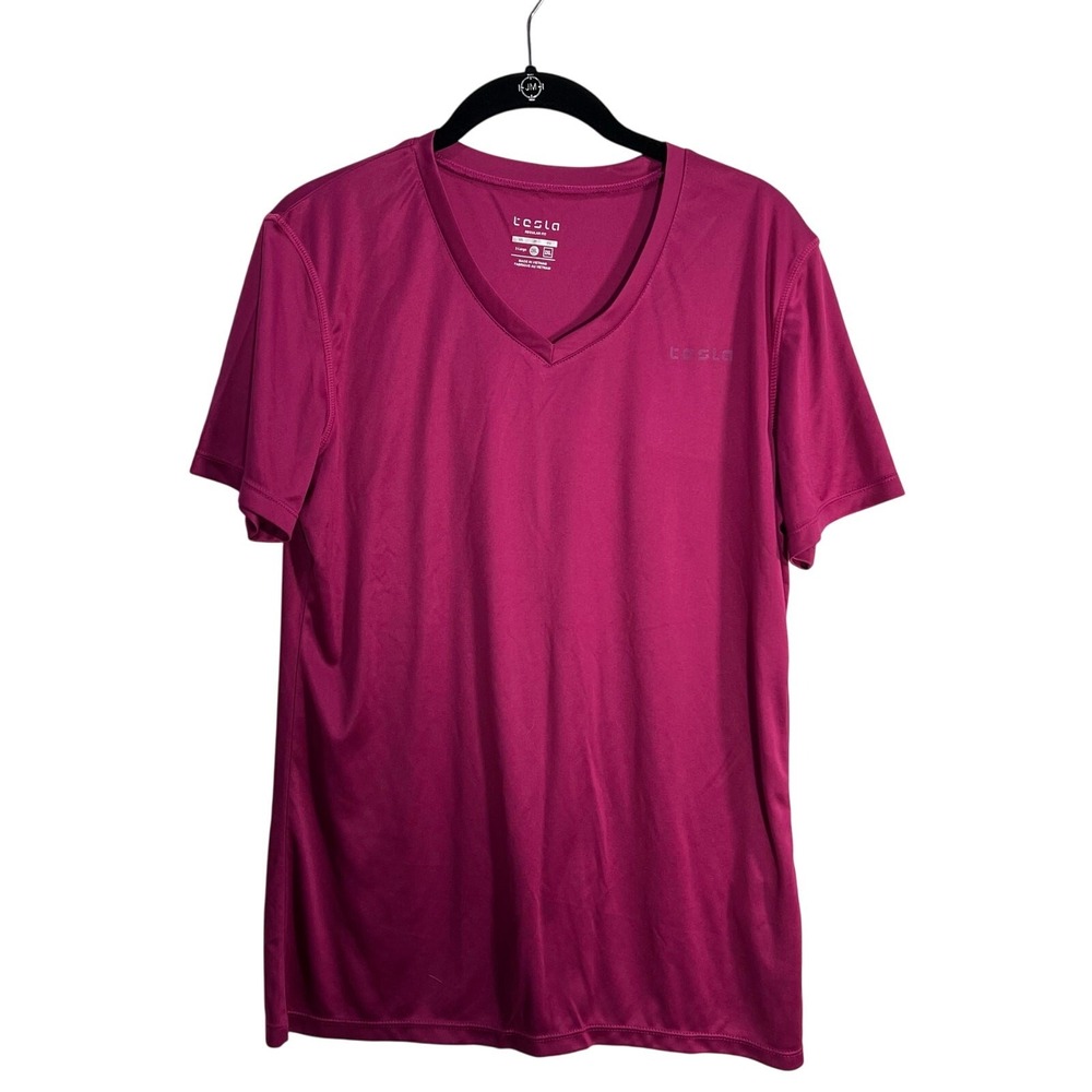 Tesla T Shirt Women's Fitted 2XL Raspberry V Neck Spell Out Chest Short Sleeve